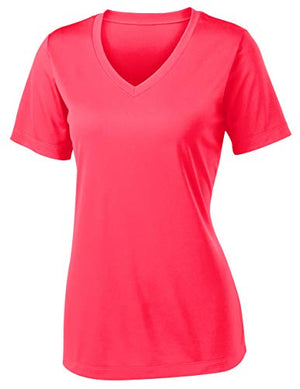 Clothe Co. Ladies Short Sleeve V-Neck Moisture Wicking Athletic Shirt,Hot Coral,M