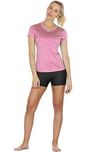 icyzone Workout Shirts Yoga Tops Activewear V-Neck T-Shirts for Women Running Fitness Sports Short Sleeve Tees (S, Charcoal/Red Bud/Pink)