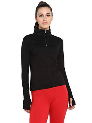 Ap'pulse Women's Long Sleeve Thumbopen 1/4 Zip Hi Neck Tshirt Black