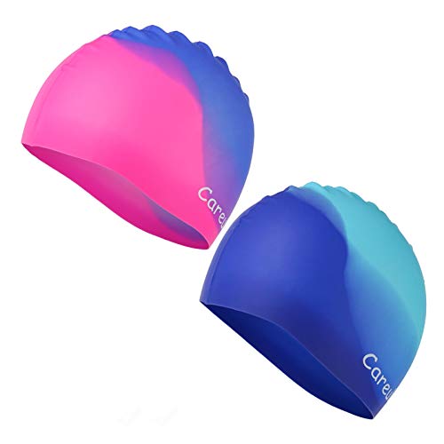 Swim Cap, 2 Pack Durable Silicone Swimming Caps for Kids Girls Boys Youths (Age 2-12), Soft 3D Ergonomic Waterproof Kids Swim Caps, Comfortable Fit for Long Hair and Short Hair