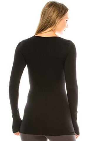 Image of Kurve Women’s Basic Solid Tops – Long Sleeve V Neck Casual Stretch Slim Fit T-Shirt Top Black