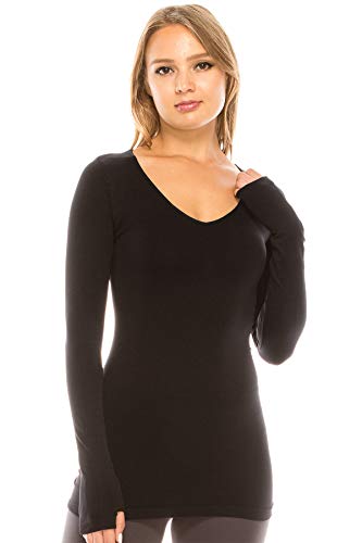 Kurve Women’s Basic Solid Tops – Long Sleeve V Neck Casual Stretch Slim Fit T-Shirt Top Black
