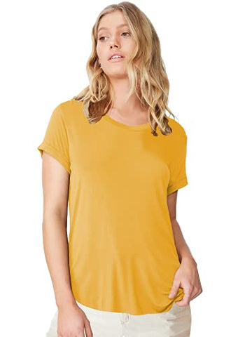 Image of Fabricorn Combo of Plain Black V-Neck and Mustard Yellow Round Neck Up and Down Cotton Tshirt for Women (Black and Mustard Yellow, Small)