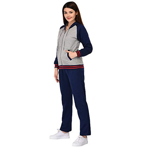 Image of Vivid Bharti Women's Fleece Zipper Hooded Tracksuit (Navy and Grey, Large)
