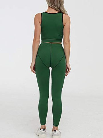 Image of Glamaker Women's 2 Piece Yoga Workout Tracksuit Outfits - Sport Tank Crop Top and Compression High Waisted Leggings Casual Activewear Sets Green Small
