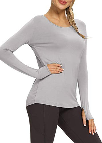 Image of Bestisun Women's Long Sleeve Workout Shirts Open Back Shirts Athletic Exercise Tops Muscle Sports Clothing Gym Wear Fall Winter Clothes Gray S