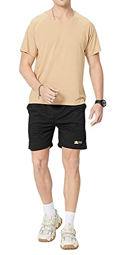 Men's Shorts Set 2 Pieces Outfits Sport Set V-neck T-shirt and Shorts Tracksuit Kahki X-Large