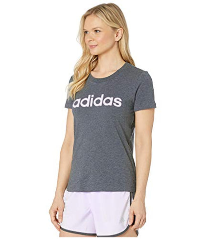 Image of adidas Women's Essentials Linear Slim Tee Dark Gray Heather/Purple Tint X-Small