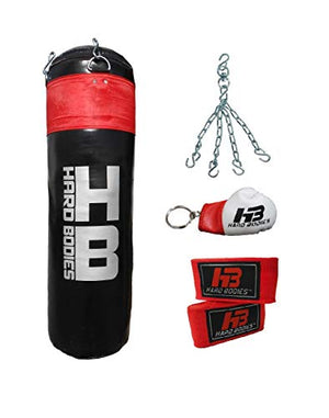 Hard Bodies Professional Synthetic Leather Boxing Punching Bag for Kickboxing, Muay Thai Along with Hanging Chain , Hand Wraps & Key Chain ( Filled ) (3 Feet Pro Punching Bag Black & Red)