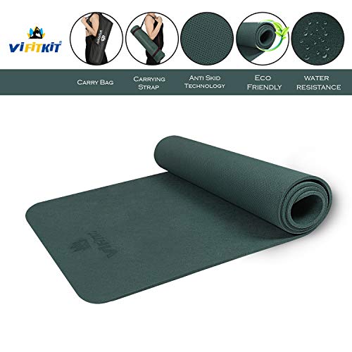 VIFITKIT Yoga Mat Eco Friendly Workout Mat For Yoga Pilates Outdoor Workout With Free Carrying Bag and Strap (Made In India) (BOTTLE GREEN, 4mm)