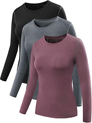 Neleus Women's 3 Pack Dry Fit Athletic Compression Long Sleeve T Shirt,8019,Black/Grey/Rosy Brown,US L,EU XL