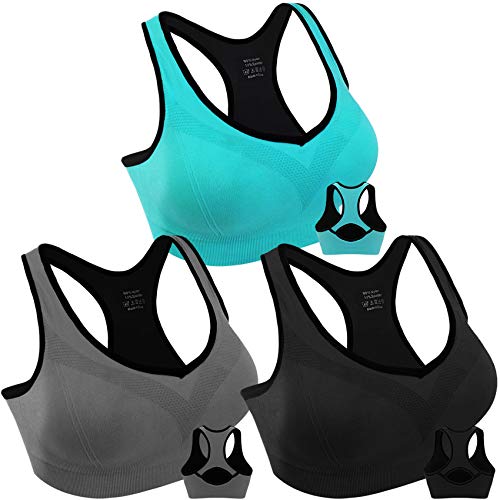 Double Couple Women Racerback Sports Bras High Impact Workout Yoga Gym Activewear Fitness Bra (Black+Grey+Blue, XXL(Fit for 44B 42C 44C 38DD 40D 42D 44D))
