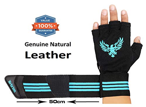 X TRIM X Macho Unisex Professional Wrist Wrap Support Real Leather Tactical Thumb Stretch Back Weightlifting Gym Gloves for Palm and Wrist Protection (Large)