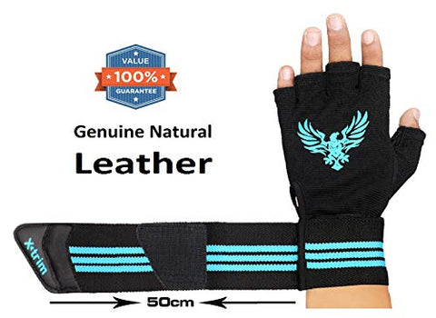 Image of X TRIM X Macho Unisex Professional Wrist Wrap Support Real Leather Tactical Thumb Stretch Back Weightlifting Gym Gloves for Palm and Wrist Protection (Large)