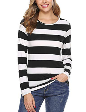 iClosam Women Striped T-Shirt Long Sleeve Tee Shirt Blouse Pajamas Top Black