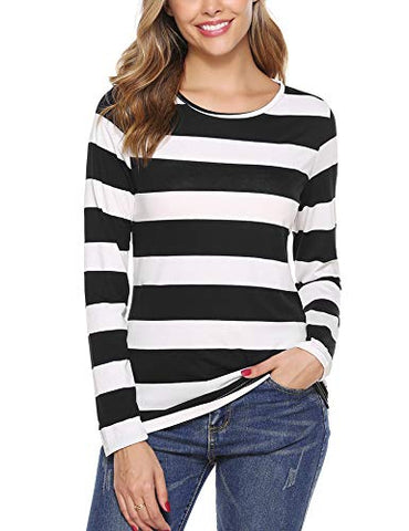 Image of iClosam Women Striped T-Shirt Long Sleeve Tee Shirt Blouse Pajamas Top Black