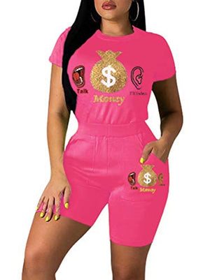 Ramoug Women 2 Piece Outfits Lips Letter Print Short Sleeve T Shirt Biker Shorts Set Tracksuit S Deep Pink