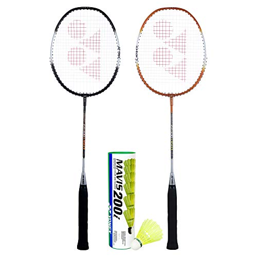 Yonex ZR 100 Light Badminton Combo (Set of 2 Yonex ZR 100 Light Badminton Racquet with Full Cover Black/Orange + Mavis 200I Shuttlecock Pack of 6)
