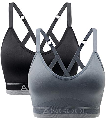 ANGOOL Women's Strappy Sports Bra with Adjustable Straps - Medium Support Longline Wirefree Activewear Bra,2 Pack,Black+Grey,Medium