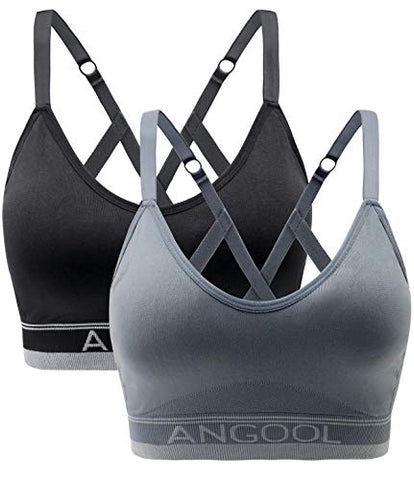 Image of ANGOOL Women's Strappy Sports Bra with Adjustable Straps - Medium Support Longline Wirefree Activewear Bra,2 Pack,Black+Grey,Medium