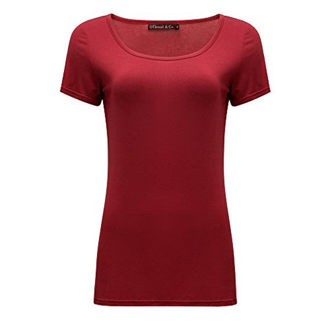 Image of OThread & Co. Women's Plain Basic Spandex Short Sleeves T-Shirt Scoop Neck Tee (X-Large, Burgundy)