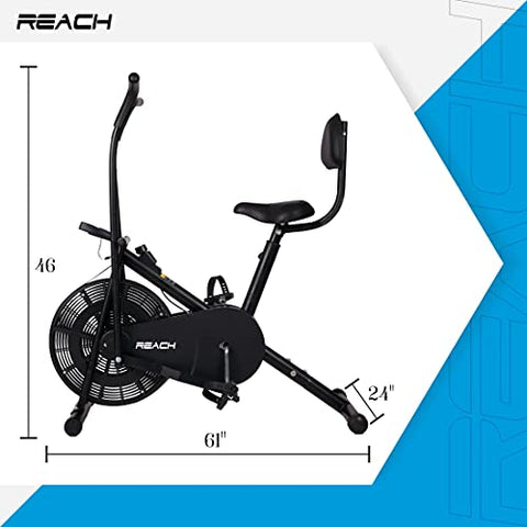 Image of Reach AB-110 Air Bike Exercise Fitness Cycle with Moving or Stationary Handle Adjustments for Home - 3 Options (Moving/Stationary Handles | Back Support Seat |Twister) (Back Support Seat)