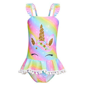 MHJY Girl's One Piece Unicorn Mermaid Ruffle Beachwear Swimsuits with Pompoms (Rainbow, 5-6 Years/Height: 43.3"-47.2")