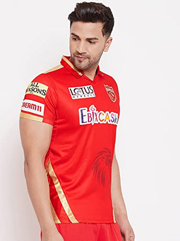 Image of T10 Sports KXIP Punjab Player Jersey Ed.2021 Half Sleeve Red & Gold | Kings XI Punjab Jersey | Punjab Kings Player Jersey | KXIP Player T-Shirt | IPL Cricket T-Shirt for Unisex Red