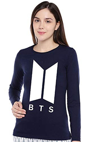 Image of bluehaaat Women's Slim Fit BTS Graphic Printed Full Sleeve Cotton T Shirt Tops (Navy Blue;Medium)