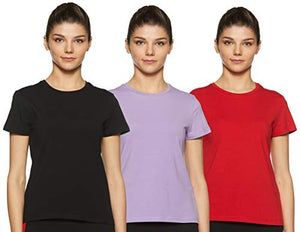 Amazon Brand - Symbol Women's plain regular fit short sleeve Cotton T-Shirt (Pack of 3) (RN-PO3-COMBO24_Black, Red &Lavendar_M)