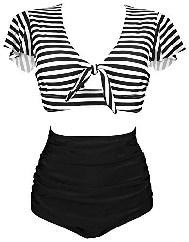 COCOSHIP Black & White Striped Women's High Waist Ruched Bikini Set Tie Front Short Sleeve Top Ruffle Straps Bath Swimwear 16