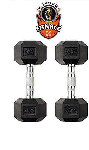 FITNACE Hex Dumbbells 7.5kg X 2 Rubber Coated Hexa Dumbbell 7.5kg Caste Iron, Anti Slip Grip, Hexagonal Dumbbells for Home Gym Professional Strength Training and Weight Lifting & Workout Set