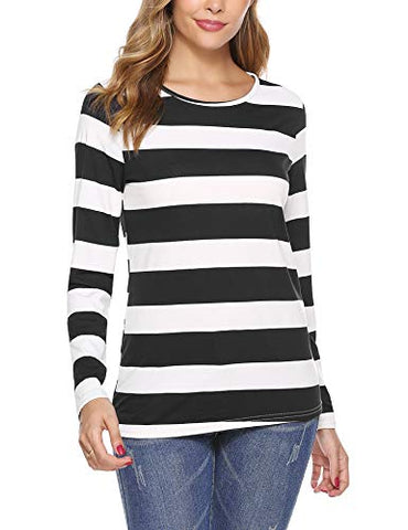 Image of iClosam Women Striped T-Shirt Long Sleeve Tee Shirt Blouse Pajamas Top Black