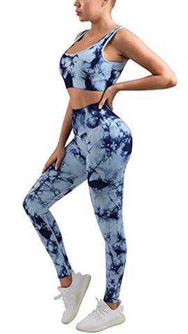 Image of OLCHEE Women's 2 Piece Workout Outfits - Seamless Tie-dye Leggings and Sports Bra Yoga Activewear Set - Blue Size XL