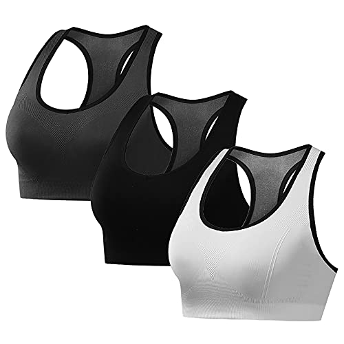 NanaDay Racerback Sports Bras for Women High Impact Workout Gym Yoga Activewear Bra 3-Pack (Black+Grey+White, 2XL)