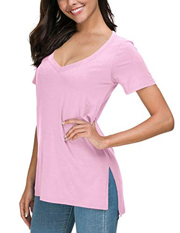 Image of Herou Women Lightweight Undershirt Breatheable Simple Side Split Sport T Shirt Pink M