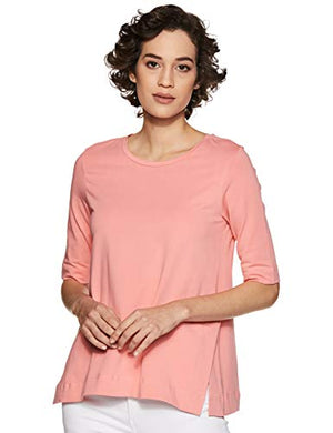 Amazon Brand - Symbol Women's Solid Regular Fit 3/4 Sleeves T-Shirt (SYMSS19TS019_Coral_Large)