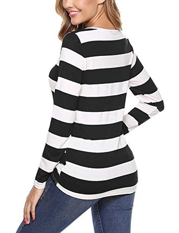 Image of iClosam Women Striped T-Shirt Long Sleeve Tee Shirt Blouse Pajamas Top Black