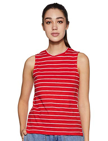 Image of Amazon Brand - Symbol Women's Striped Regular Fit Sleeveless Cotton T-Shirt (SYMAW19TS035B_Red_Large)