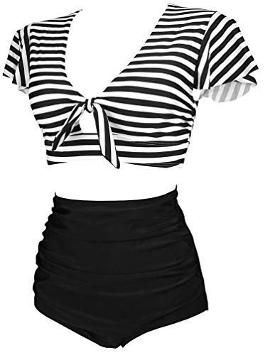 COCOSHIP Black & White Striped Women's High Waist Ruched Bikini Set Tie Front Short Sleeve Top Ruffle Straps Bath Swimwear 16