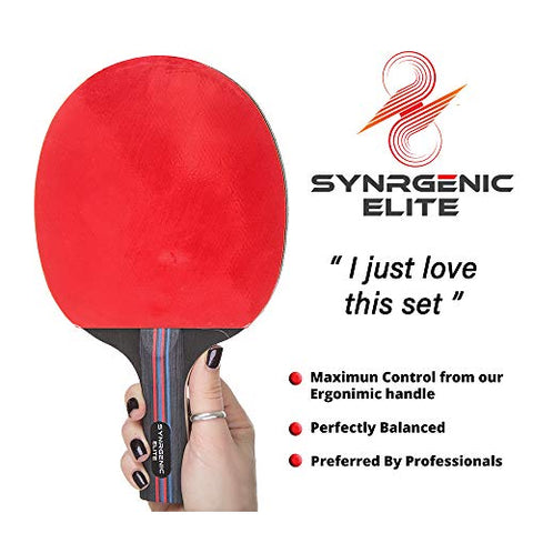 Image of Synrgenic Table Tennis Paddle Set - 4 Professional Ping Pong Rackets, 8 Professional ITTF Game Balls, Foldable Scorecard, and Portable Cover Bag - Ergonomic Wooden Bats for Powerful Speed and Spin