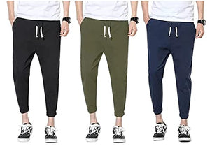 IKITZ Men's Stylish Slim Fit Lycra Jogger Lower Track Pants for Gym, Running, Athletic, Casual Wear for Men Pack of 3 Black,Olive,Blue(M)