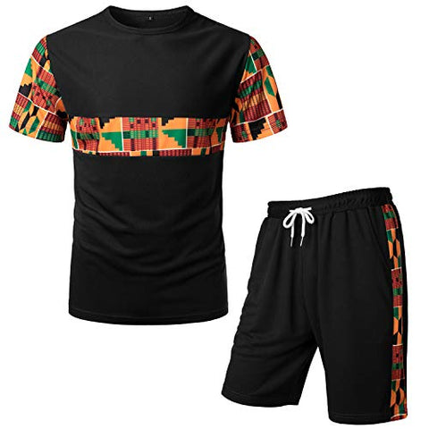 Image of LucMatton Men's African Kente Printed T-Shirt and Shorts Set Sports Mesh Tracksuit Dashiki OutfitsBlack Small