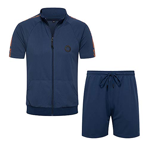TOLOER Men's Zipper Short Sleeve Jacket and Shorts Stripe Drawstring Waistband Tracksuit Navy XX-Large