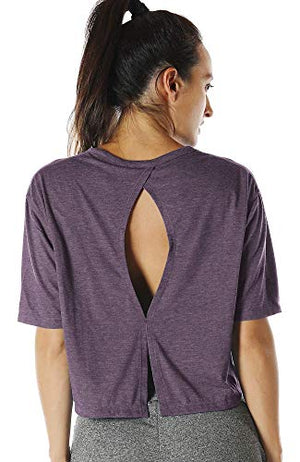 icyzone Open Back Workout Top Shirts - Yoga t-Shirts Activewear Exercise Crop Tops for Women (XL, Plum Purple)