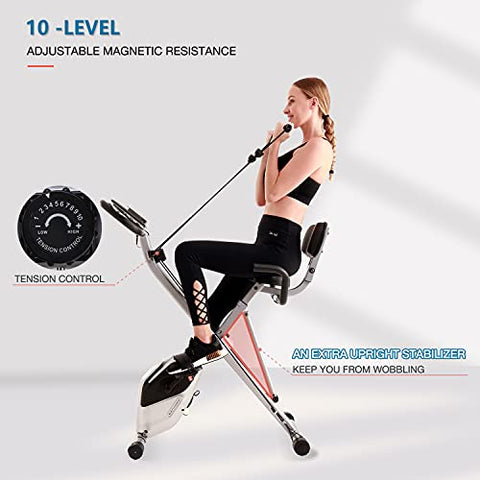 Image of Davcreator Foldable Fitness Exercise Bike, Magnetic Slim Cycle 2-in-1 Recumbent & Upright Stationary Bike with Arm Workout for Home