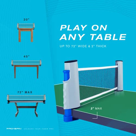 Image of PRO SPIN Play Anywhere Portable Ping Pong Net ââ‚¬â€œ Retractable Table Tennis Net for Any Table Includes Convenient Storage Bag