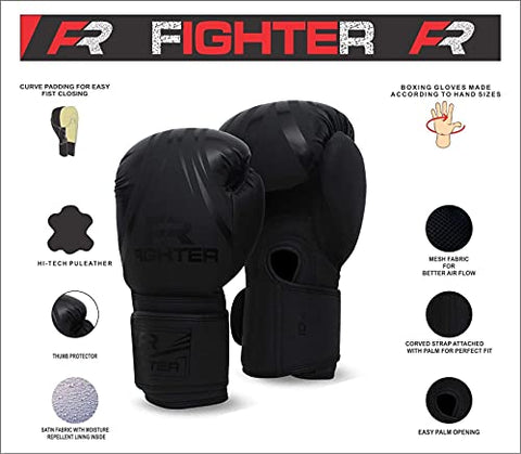 Image of Fighter Boxing Gloves Perfect for MMA Training, Punching Bag, Kickboxing, Muay Thai Boxing Gloves for Men, Women and Adult (Black, 12 oz)