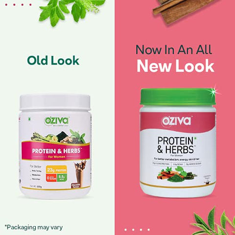 Image of OZiva Protein & Herbs, Women, (Natural Protein Powder with Ayurvedic Herbs like Shatavari, Giloy, Curcumin & Multivitamins for Better Metabolism, Skin & Hair) Chocolate,500g