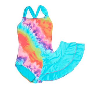 DAYU Girls‚„ Crossback One Piece Swimsuit with Swim Skirt, Blue Tie-dye, Size 10-12